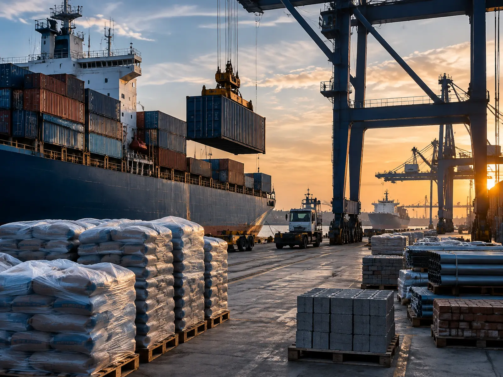Conteneurs et matériaux de construction sur un port