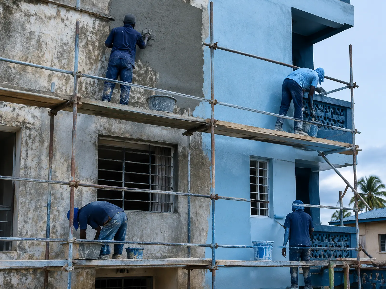 Rénovation d'une façade d'immeuble sur échafaudage