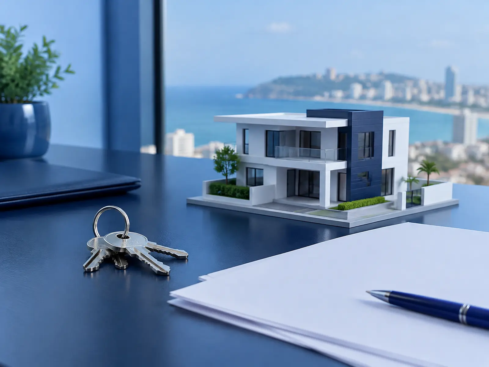 Clés et maquette d'une maison sur un bureau