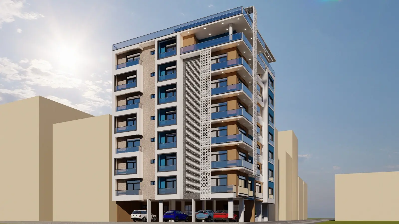 Vue 3D d'un immeuble résidentiel aux balcons bleus